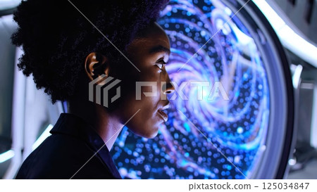 Black female scientist looking at a swirling galaxy simulation displayed on a circular screen in a laboratory, exploring the mysteries of the universe 125034847