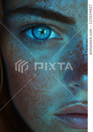 Woman reflects with Illuminated Eye Reflection, radiant eye blending with surreal texture. Texture highlights natural charm of woman, creating focus on expressive detail and illuminated glow of eye. Woman reflects with Illuminated Eye Reflection, radiant eye blending with surreal texture. Texture highlights natural charm of woman, creating focus on expressive detail and illuminated glow of eye. 125034927