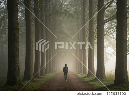 Walking through a misty forest path lined with tall trees in the early morning light 125035100