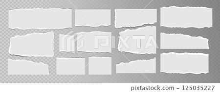 Realistic ripped white paper sheets isolated on transparent background. Torn blank pages with uneven texture. Vector 125035227