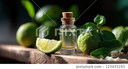 Bergamot extract in glass bottle with fresh bergamot fruit and leaves on wooden surface Bergamot extract in glass bottle with fresh bergamot fruit and leaves on wooden surface 125035285