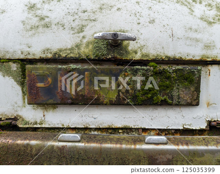 Rusty License Plate on Abandoned Car 125035399