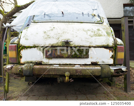 Close Up of Rusty Abandoned Car with Moss 125035400