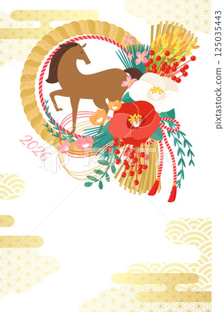 2026 年馬年的新年賀卡模板，帶有現代日本注連繩和馬（向量插圖） 125035443
