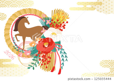 2026 年馬年的新年賀卡模板,帶有現代日本注連繩和馬(向量插圖) 2026 年馬年的新年賀卡模板,帶有現代日本注連繩和馬(向量插圖) 125035444