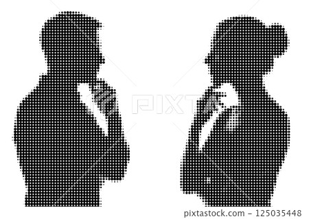 Halftone Dotted Silhouettes of Man and Woman Thinking 125035448