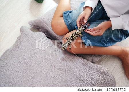 Child interacts with a gecko while sitting on soft pillows in a cozy indoor setting Child interacts with a gecko while sitting on soft pillows in a cozy indoor setting 125035722