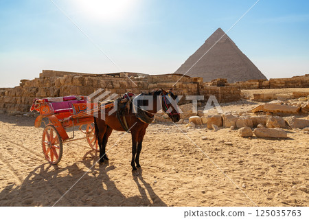 Horse-drawn carriage waits near the Great Pyramid of Giza under a bright sun at midday 125035763