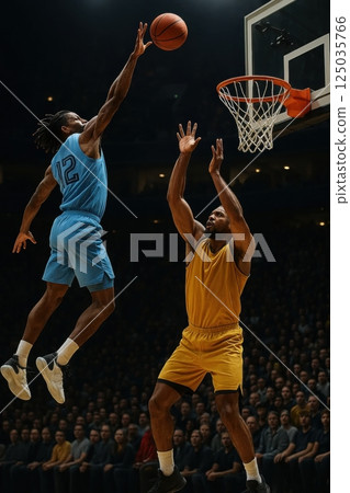 Basketball player in light blue uniform blocks opponent's shot during intense game with crowd watching close. Concept of athleticism 125035766
