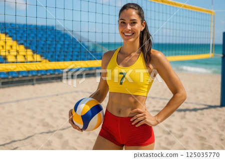 Volleyball player with bright yellow top and red shorts stands proud with ball on professional beach arena. Concept of beach championship 125035770