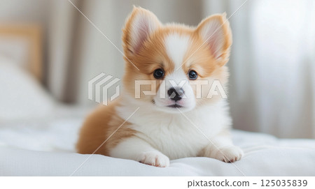 Adorable Corgi puppy relaxing on a white bed | Bright interior 125035839