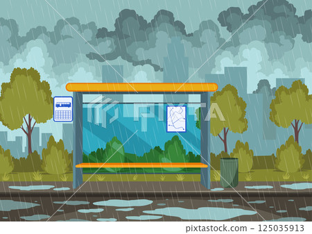 Rainy weather bus stop. Shelter from rain. Outdoor urban street in rain, pavement in puddles, sky with clouds. Cartoon flat vector illustration Rainy weather bus stop. Shelter from rain. Outdoor urban street in rain, pavement in puddles, sky with clouds. Cartoon flat vector illustration 125035913
