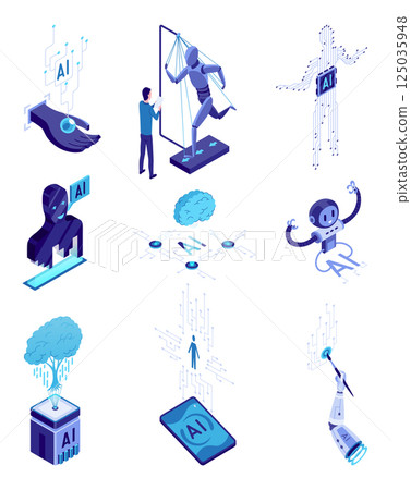Isometric artificial intelligence icon set. Digital robots technology. Ai technology web banner element. Deep learning machine, digital concept. Isolated vector illustration 125035948