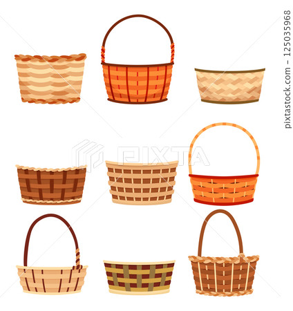 Baskets autumn for harvest, icon set. co basket for grocery products. Wicker basket with isolated on white. Cartoon flat vector illustration 125035968