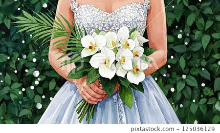Woman in dress holding arm bouquet 125036129