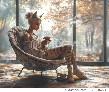Illustration material of a cat girl relaxing with a hot drink 125036221