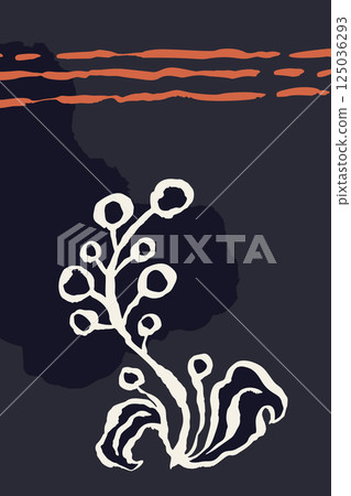 Poster or card with ink brush abstract sketch flower and leaves organic shapes background. Minimalist floral composition for cover, wall art or brochure design Poster or card with ink brush abstract sketch flower and leaves organic shapes background. Minimalist floral composition for cover, wall art or brochure design 125036293