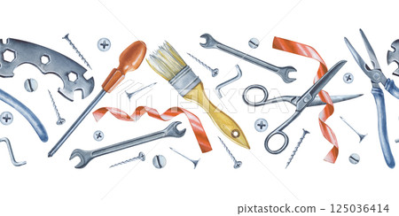 Watercolor illustration of male instruments. Seamless curb with various repair tools. Pliers, brush, nails, screws, screwdriver, scissors. An image for a design in a construction and repair service. Watercolor illustration of male instruments. Seamless curb with various repair tools. Pliers, brush, nails, screws, screwdriver, scissors. An image for a design in a construction and repair service. 125036414