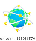 3D cartoon stylized globe with orbital paths and yellow spheres resembling atomic orbits surrounding the Earth. Concept of communication, science, technology, global networking. Vector illustration. 125036570