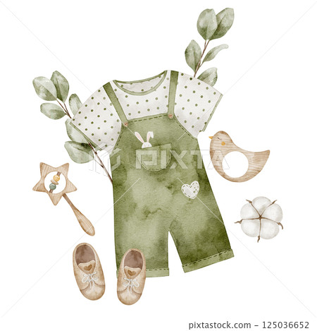 Watercolor baby boy Outfit set with green overalls, shirt, shoes, rattle, cotton flower and leaves. Illustration of childish Romper with wooden toys for newborn party greeting cards or kids invitation 125036652