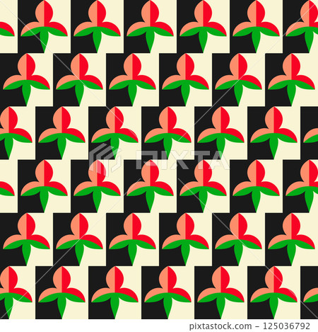 Checkered board bright artistic flower lily abstract seamless pattern. Decorative geometrical grid. Black white pink red shade colour palette. Graphical ornamental background. Vector illustration 125036792