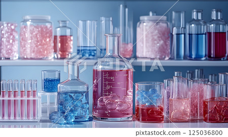 Woman scientist wearing blue gloves, protective glasses and medical mask is using microscope in modern laboratory setup. Low key lighting photo. Science and Medicine 125036800