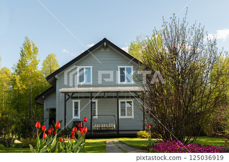 Contemporary wooden house have nice landscaping, with shrubs, green lawn and spring flowers. Traditional russian dacha in Moscow region. Outdoors. Backyard and traditional relax gardening. Contemporary wooden house have nice landscaping, with shrubs, green lawn and spring flowers. Traditional russian dacha in Moscow region. Outdoors. Backyard and traditional relax gardening. 125036919