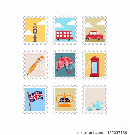 collection of postage stamps on theme of England and London. 125037188