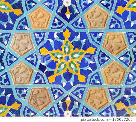 Old tiles background. Vintage colored ceramics with a pattern on the facade 125037205