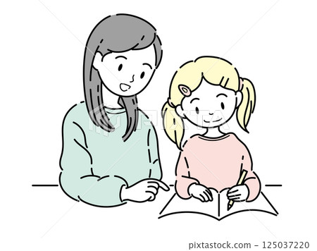 Illustration of a mother and a girl teaching 125037220