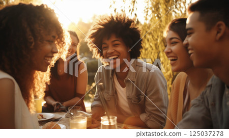 Happy friends enjoying outdoor dining and laughter together 125037278