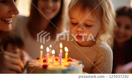 Happy Child Celebrating Birthday with Cake and Candles 125037292