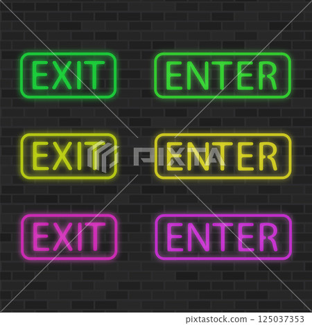 Vector colorful glowing frame. Neon banner on brick background. Colored exit. Bright retro light enter symbol for club or bar casino, cinema. Decoration on wall and template covering Vector colorful glowing frame. Neon banner on brick background. Colored exit. Bright retro light enter symbol for club or bar casino, cinema. Decoration on wall and template covering 125037353