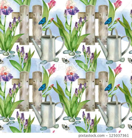 Watercolor seamless pattern with purple and pink iris flowers, watering can, decorative fence and butterflies. Hand drawn watercolor flowerbed. For printing on paper, fabric, design. Watercolor seamless pattern with purple and pink iris flowers, watering can, decorative fence and butterflies. Hand drawn watercolor flowerbed. For printing on paper, fabric, design. 125037361