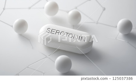 Serotonin Pill on Molecular Background in White Tones 125037386