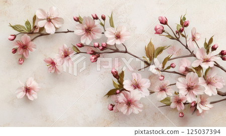Delicate Cherry Blossom Branch on Light Textured Background 125037394