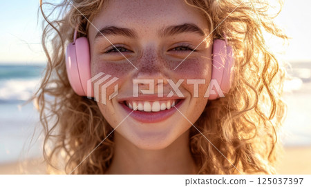 Happy Young Woman Enjoying Music with Headphones at the Beach 125037397