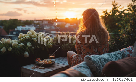 Woman Relaxing on Cozy Balcony at Sunset 125037401