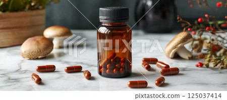 Psychedelic Mushrooms and Capsules on a Marble Surface 125037414