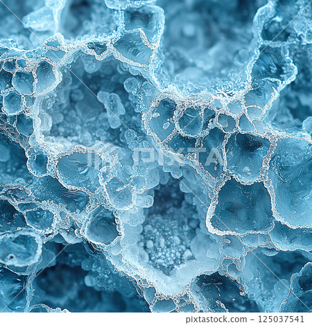 Intricate icy crystal structures creating a captivating abstract macro view in shades of cool blue. Intricate icy crystal structures creating a captivating abstract macro view in shades of cool blue. 125037541