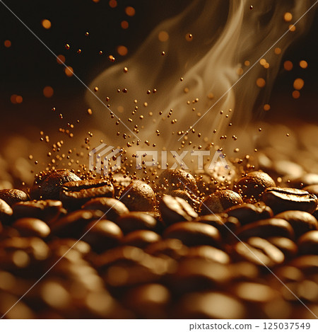 Aromatic steam rises from freshly roasted coffee beans, perfect for a morning caffeine boost. Aromatic steam rises from freshly roasted coffee beans, perfect for a morning caffeine boost. 125037549