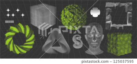 Retrofuturistic y2k trendy set, 3D geometric negative shapes in dotted halftone style - distorted ring, sphere, triangle. Vaporwave elements from 80s-90s. Vector Y2K design Retrofuturistic y2k trendy set, 3D geometric negative shapes in dotted halftone style - distorted ring, sphere, triangle. Vaporwave elements from 80s-90s. Vector Y2K design 125037595