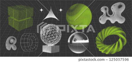 Retrofuturistic negative 3D shapes set in halftone dotted style. Chrome halftone elements with glossy effect. Y2K grid elements and geometric shapes - sphere, ring. 3D y2k graphic brutalism. Vector 125037596