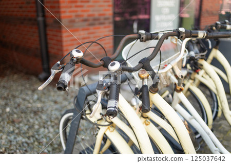Close-up of bicycle handlebars in an urban bike-sharing station 125037642