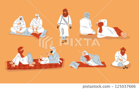 Camping in Hot Desert with Sand Landscape with Tourist and Arab Bedouin Vector Illustration 125037666
