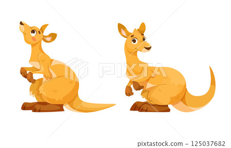 Cheerful Kangaroo Character and Australian Marsupial Animal Vector Set 125037682