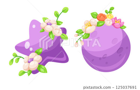Celestial Body with Flower Adornment as Sky Object Vector Set Celestial Body with Flower Adornment as Sky Object Vector Set 125037691