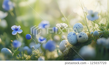 Speckled blue Easter eggs resting on moss among delicate blue wildflowers in soft spring sunlight. 125037720