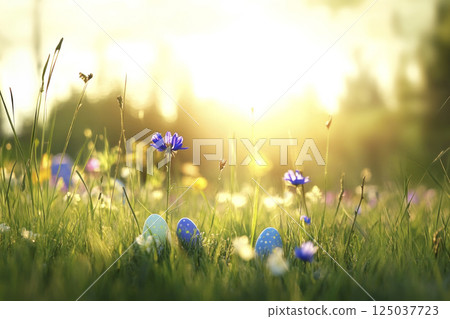 Easter eggs glowing in sunset light among wildflowers and green grass, serene golden hour scene. 125037723