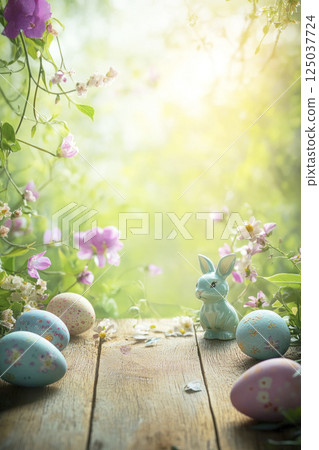 Easter eggs and blooming flowers on rustic wooden surface under glowing sunlight. Card. Copy space. 125037724